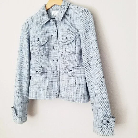 LOFT Ann Taylor Light Blue Tweed 100% Cotton Blazer Jacket 4 Preppy Office Boho - Picture 2 of 15
